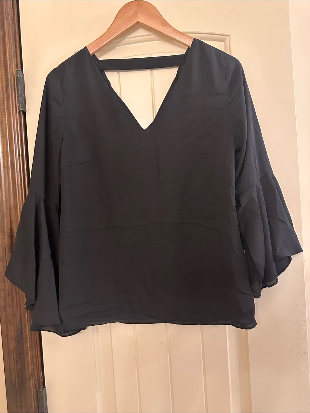 White House Black Market Black V-Neck Ruffle Sleeve Blouse